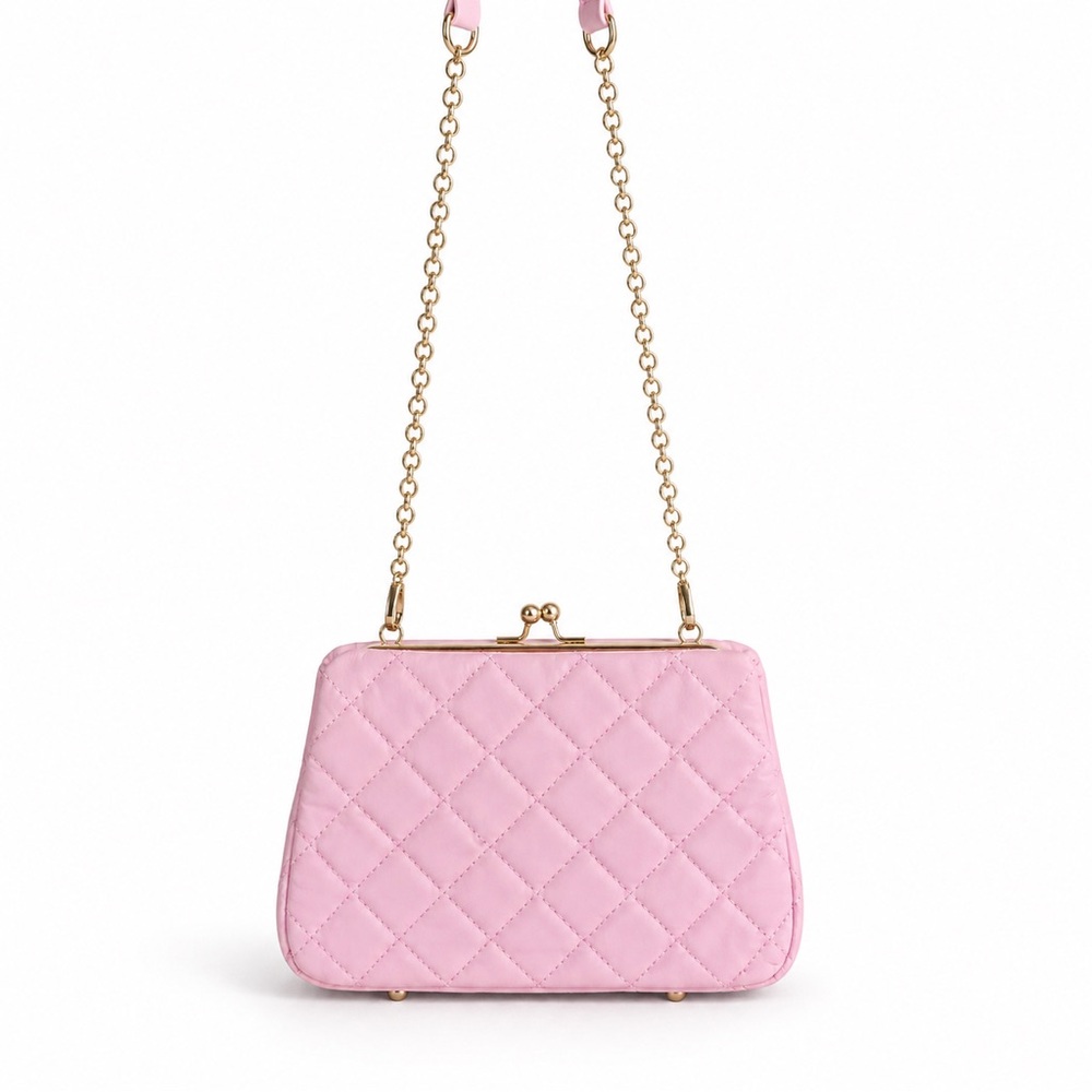 Quilted Pink Modern handbag with crossbody strap.